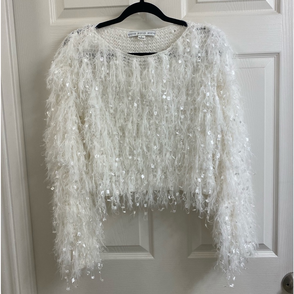 Hyfve Cropped White Fringe Sweater Size Large